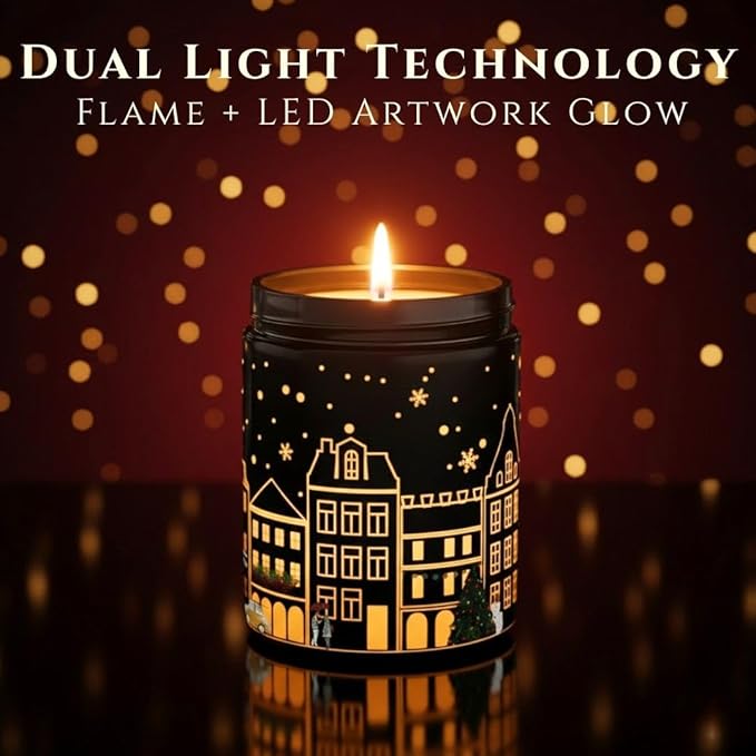 Black Cherry Scented Candle (Black Jar), 40-Hour Burn, Dual Light Glow (Flame + LED Artwork), Soy Wax Blend, Holiday Aromatherapy Gift Candle for Bedroom, Bathroom & Home – 7oz (200g)