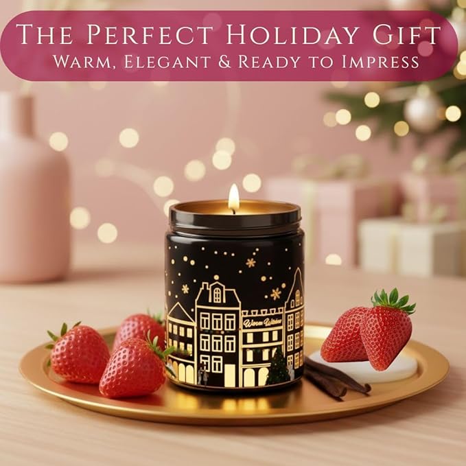 Vanilla & Strawberry Scented Candle (Black Jar), 40-Hour Burn, Dual Light Glow, Premium Soy Wax Blend, Dessert-Inspired Aromatherapy Candle for Bedroom & Bathroom – 7oz (200g)