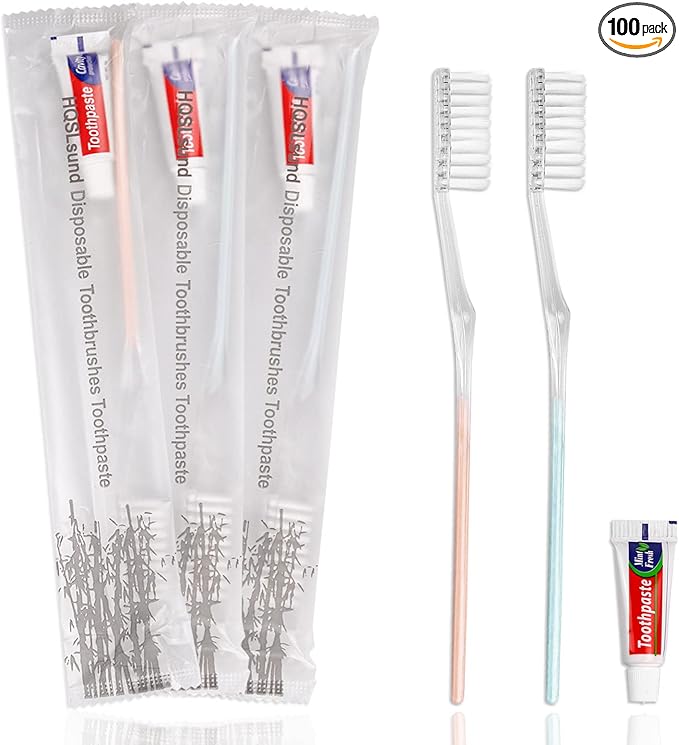100 Pack Disposable Toothbrushes with Toothpaste Individually Wrapped, Travel Toothbrushes Bulk, Soft Bristle, 2 Colors, Travel Toothbrush Kit