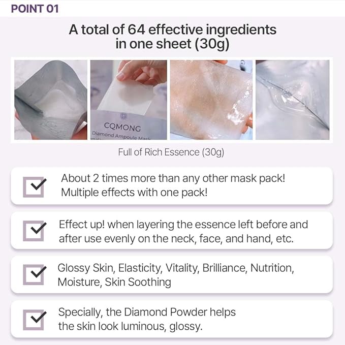 CQMONG Diamond Ampoule Sheet Mask (30g x 10pcs), Korean Face Facial Masks, Glossy & Elastic Skin, Hydrating, Soothing, Nourishing, Collagen & Hyaluronic Acid, Smooth Sheet