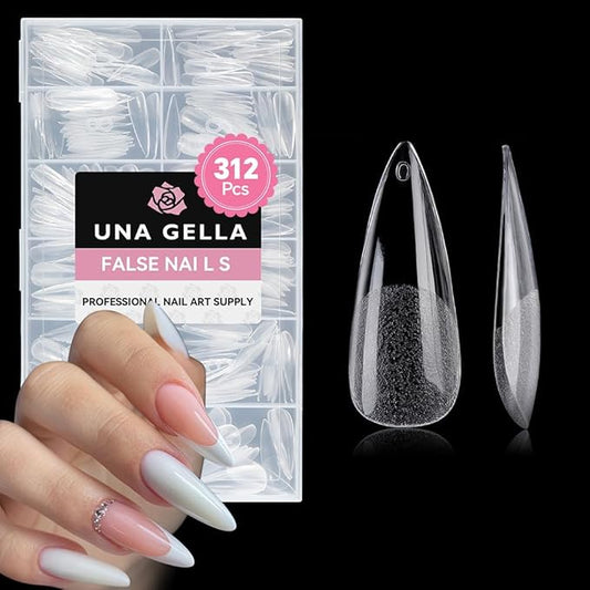 UNA GELLA Stiletto Gel Nail Tips Long: Full Cover 312pcs Half Matte Stiletto Gel Tips Press On Nails for Faster Gelly Nail Extension, Clear False Fake Acrylic Nails 12 Sizes for Her