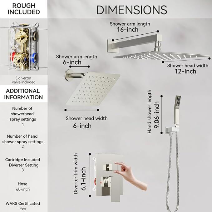 Rain Shower System Brushed Nickel, STARBATH 12+6" Dual Shower Head with Handheld Spray for Two Person, Wall Mounted Shower Faucet Set 3 Way Shower Valve with 5 Diverter and Trim Kit Complete