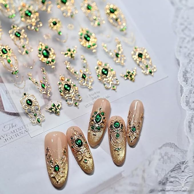 5D Embossed Gold Mace Nail Art Stickers Green Gemstone Nail Stickers for Nail Art with Green Gem Design Gold Nail Decals Manicure Decoration for Women Nails Supplise