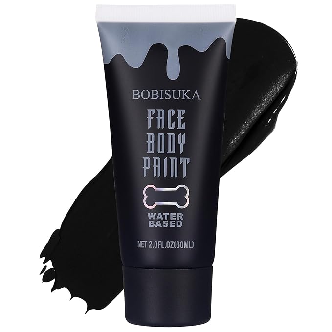 BOBISUKA Black Face Body Paint, Water Based Face Painting for Art Theater Halloween Party Cosplay Clown SFX Makeup for Women Adults, Non-Toxic Washable