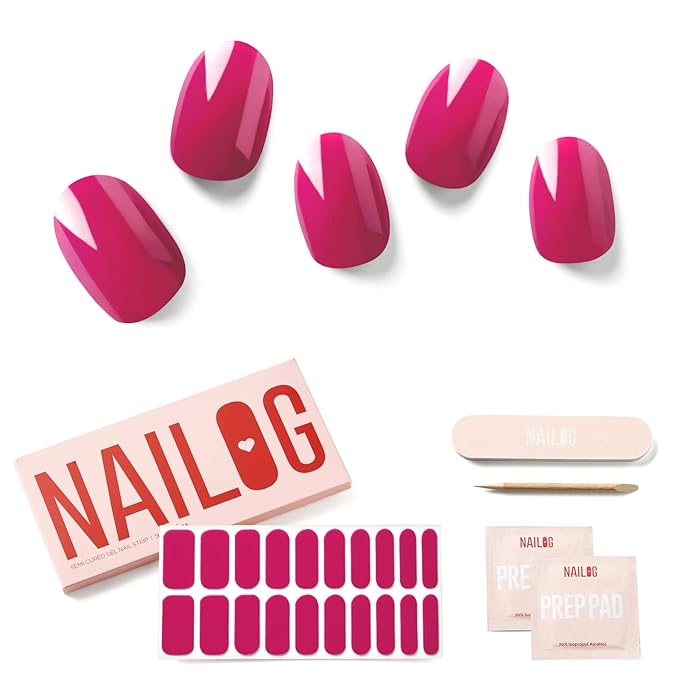 NAILOG Semi Cured Gel Nail Strips (20 Extra Long Stickers/Wraps) | Buy 2 Get 1 UV Lamp| Glossy & Long Lasting Soft Gel Finishing, Flair