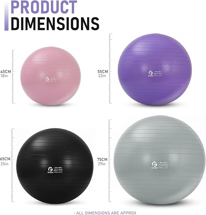 Gruper Yoga and Pilates Ball,4 Sizes Gym Ball for Fitness, Yoga, Workout, Pregnancy and Physical Therapy,Quick Pump Included,Great as Yoga Ball Chair for Office or Home Gym Equipment