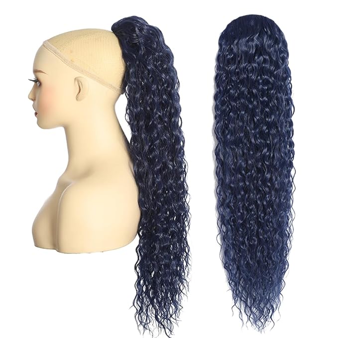 Deep Wave Ponytail Extension for Women 12 Inch Dark Blue Curly Wavy Ponytail Hair Extensions Drawstring with Clips Short Synthetic Hairpiece for Daily and Party