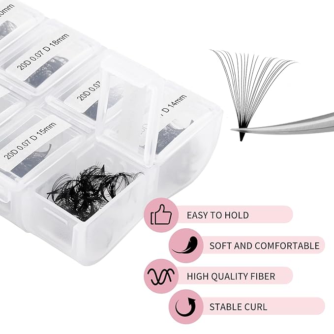 Lash Extension FADLASH 20D Premade Fans Eyelash Extensions 600pcs Pre Made Fans Lash Extensions Premade Lash Fans Volume Lash Extensions D Curl Eyelash Extension Premade Fans (20D-0.07D-14-20mm)