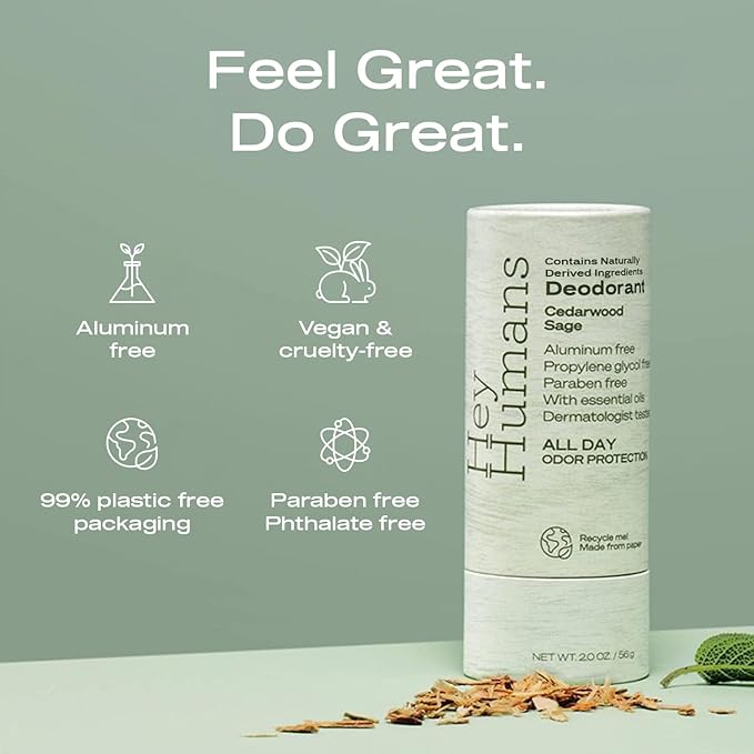 HEY HUMANS Aluminum Free Deodorant for Women and Men, Contains Naturally Derived Ingredients, All Day Odor Control, Refreshing Deodorant Essential Oils, Cedarwood Sage