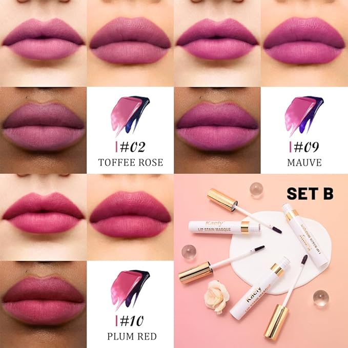 Kaely 3Pcs Lip Stain Peel Off Masque, Long Lasting Waterproof Smudge Proof Lip Tint, Non-Transfer Semi Permanent Lipliner Tattoo with Tweezer, Matte Finish, Vegan & Cruelty-Free, Set B-02+09+10