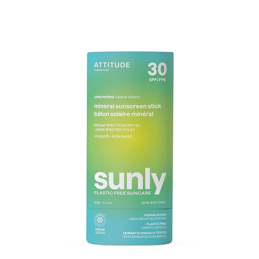 ATTITUDE Mineral Sunscreen Stick with Zinc Oxide, SPF 30, EWG Verified, Plastic-Free, Broad Spectrum UVA/UVB Protection, Dermatologically Tested, Vegan, Unscented, 2.1 Ounces