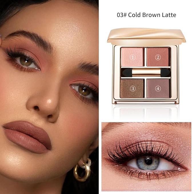 Warm Neutral Brown Eyeshadow Palette – 4 Matte & Shimmer Shades for Natural Everyday Makeup, Blendable Caramel & Mocha Tones, High-Pigment Long-Lasting Crease-Resistant Soft Glam Eye Shadow Kit