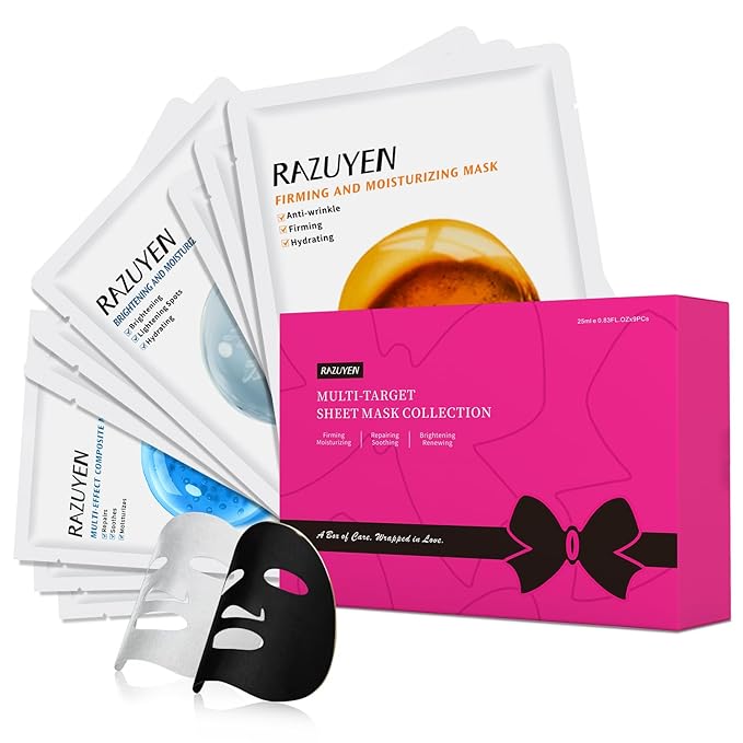 RAZUYEN Face Sheet Masks, 9 Variety Packs, Peptide, Vitamin C & Panthenol B5, Antiaging, Brightening, Soothing Facial Skincare Gift Set for All Skin, Moisturizing Mask Set