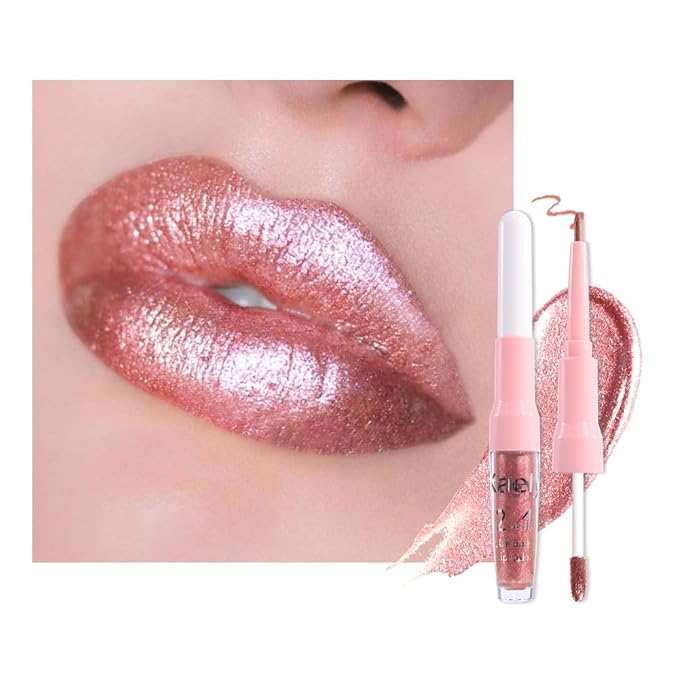 evpct Rose Gold Metallic Glitter Lip Liner and Lipstick Combo Lip Gloss Stain Set Makeup for Women Long Lasting Waterproof 24, Nude Pink Frosted Metallic Shimmer Glossy iridescent Liquid Lipstick 04