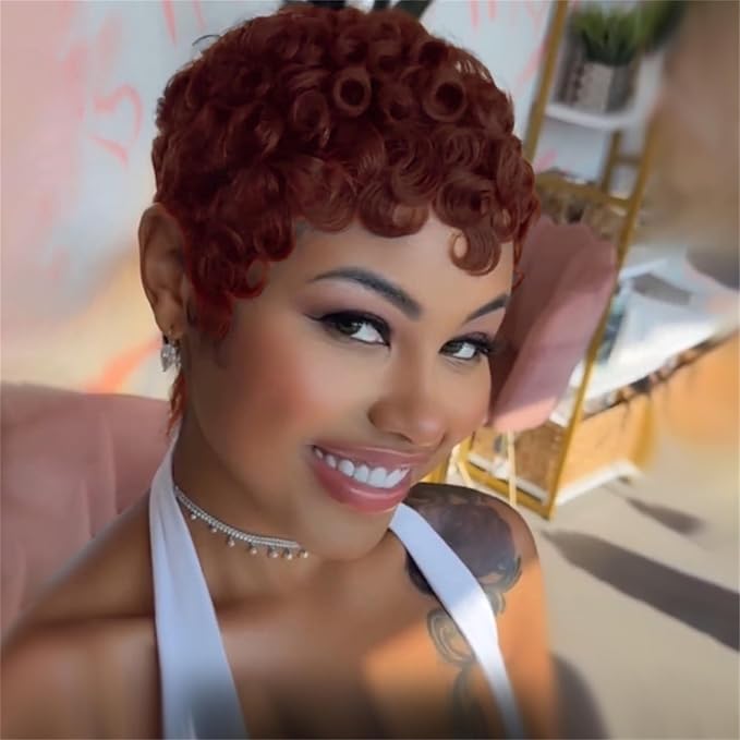Short Curly Wig Pixie Cut Human Hair for Black Women 4# Chocolate Color Short Wig for Women Human Hair Layered Haircut Summer Glueless Wigs with Bangs Wear and Go Wigs