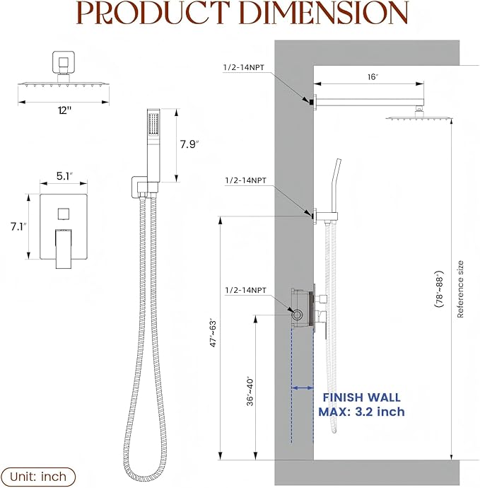 Longriver Shower Faucet Set, Shower System Bathroom High Pressure 12 Inches Rainfall Shower Head with Handheld Spray, Wall Mounted Shower Fixtures with Shower Valve and Trim Kit, Brushed Gold