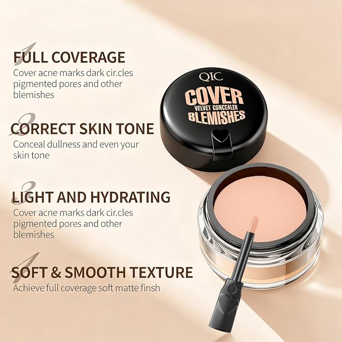 QIC Pot Concealer Full Coverage - Under Eye Concealer Waterproof to Cover Dark Circles, Blemishes, Redness and Spots Crease-Proof Color Corrector De Ojeras (Light Skin Tone,0.21 Oz)
