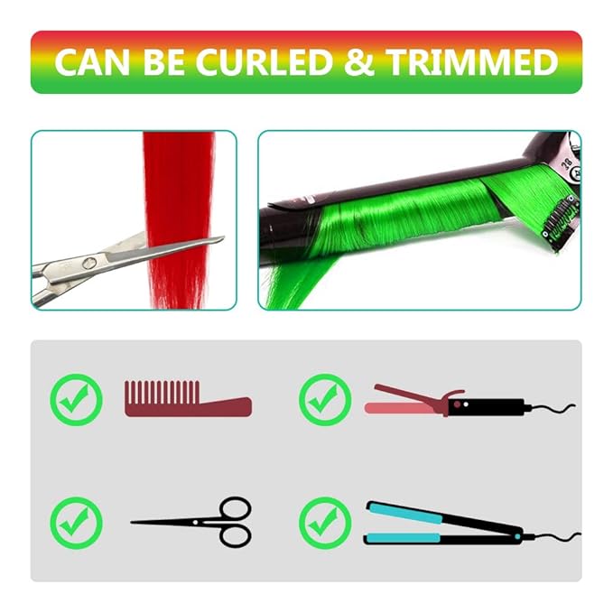 Colored Hair Extensions 10 PCS, Colorful Party Highlights Clip in Long Synthetic Hairpieces, Red and Green Hair Extensions for Girls Women Kids Cosplay Gifts 22 Inch