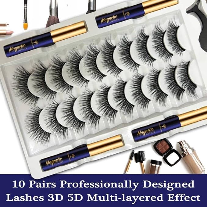 Magnetic Eyelashes with Eyeliner Kit,Cat-Eye Magnetic Lashes,False Eyelashes with Applicator,Reusable Magnet Lash Set,Natural Look,Easy,Cruelty-Free.