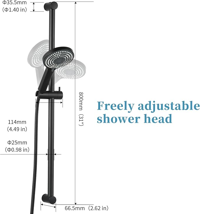 OFFO 6-Spray High Pressure Handheld Shower Head Combo with Adjustable 33 in Slide Bar and 60 in Stainless Steel Hose, Matte Black