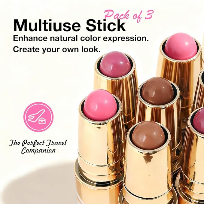 evpct 3Pcs 2In1 Blush Contour Multiuse Makeup Sticks Set, Pink Rose Berry Tan & Nude Brown Creamy Butter Blush Bronzer Contour Multiuse Stick for Cheeks Lips Eyes Faces, Mloisturing Radiant Finish