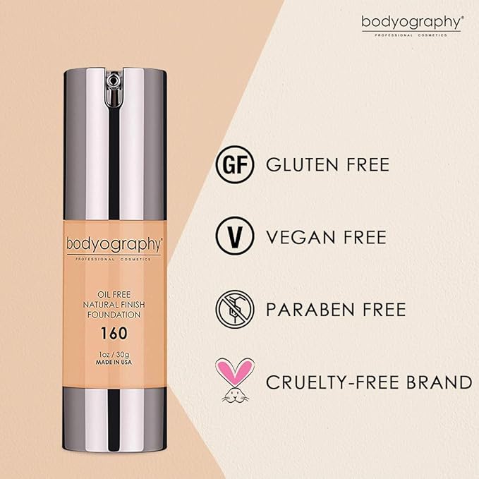 Bodyography Natural Finish Foundation Makeup (Medium #160) Oil-Free Gluten-Free, Paraben-Free, 1 oz