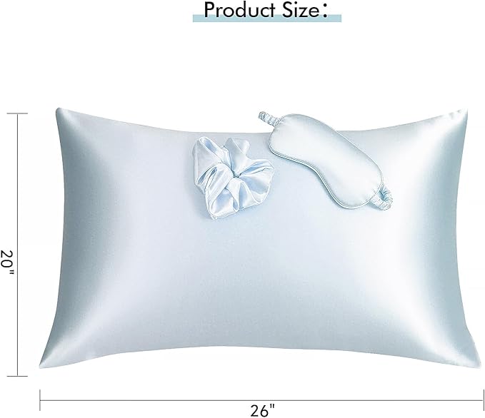 KISMETICS - Vegan Silk Sleep Set, Vegan Silk Pillowcase with Large Scrunchie and Eye Mask for Hair and Skin, Self Care Essential Satin Night Routine Kit (Light Blue Color)