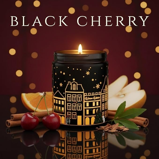 Black Cherry Scented Candle (Black Jar), 40-Hour Burn, Dual Light Glow (Flame + LED Artwork), Soy Wax Blend, Holiday Aromatherapy Gift Candle for Bedroom, Bathroom & Home – 7oz (200g)