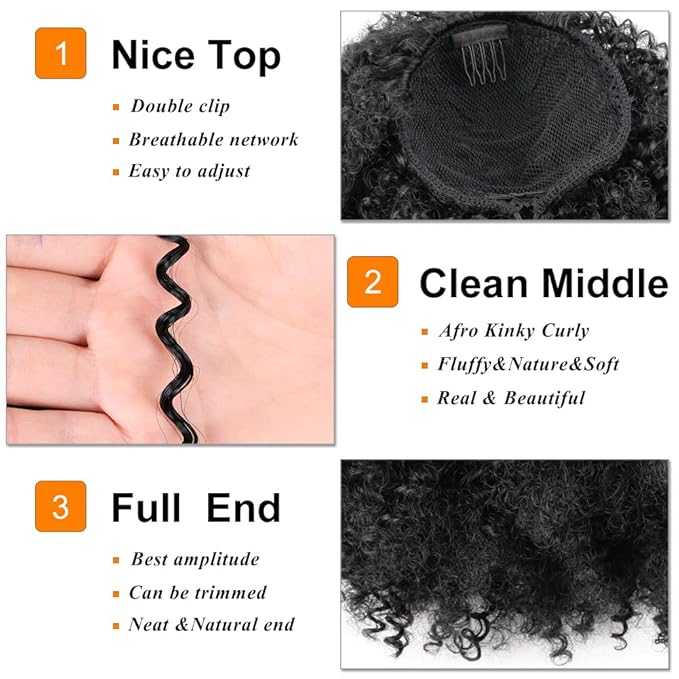 Drawstring Ponytail Afro Kinky Curly for Black Women Short Wave Synthetic Ponytail Hair Extension(#1B,Nature Black)