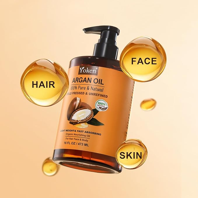 Pure Argan Oil 16 fl oz 100% Natural Cold Pressed Argan Oil for Hair Face Skin Scalp Body Care, Origin from Morocco, Unrefined Fast Nourishing Hair Oil Skin Moisturizer Carrier Oil
