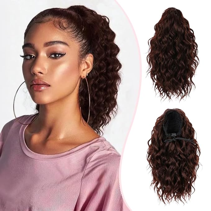Short Deep Wave Drawstring Ponytail for Women 10 Inch Medium Brown Curly Hair Extension Deep Curly Wave Hair Pony Tails Hair Extensions for Daily Use (#4)