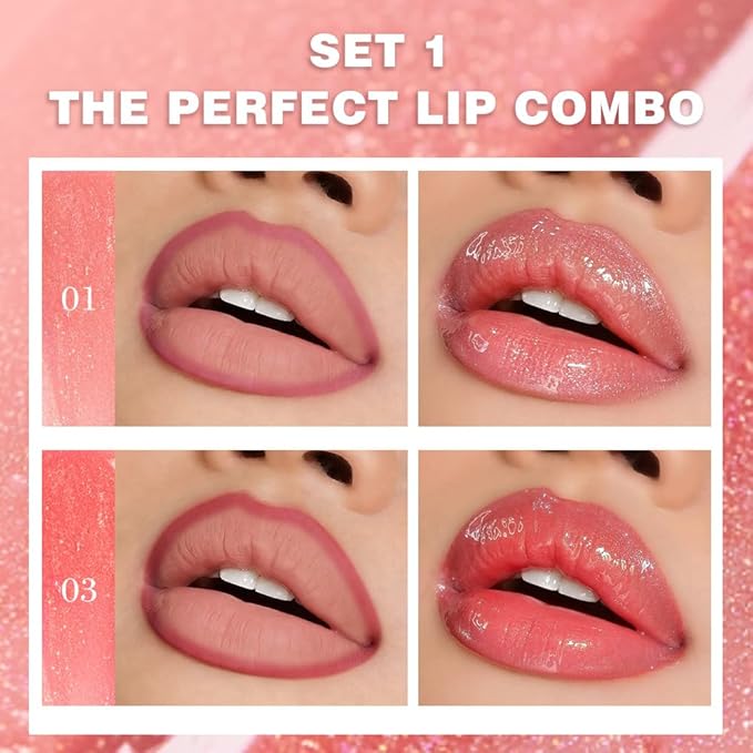 BINGBRUSH 2PCS Lip Gloss Set, Glitter 2-in-1 Lip Liner & Gloss Combo, Hydrating Lip Plumper Lifter, Easy-to-Apply Lip Tint for Daily, Work & Party, Women's Makeup