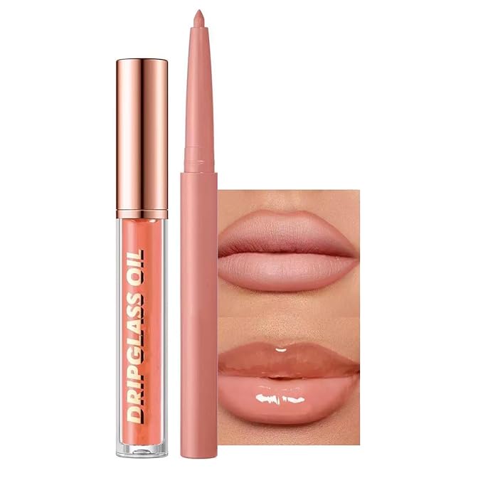 Nude Lip Gloss Lip Liner Set, Lip kit with Lip Oil Lip Liner, Lip Plumer Gloss lip liner Pencil Waterproof Long Lasting Smudgeproof (04# nude)