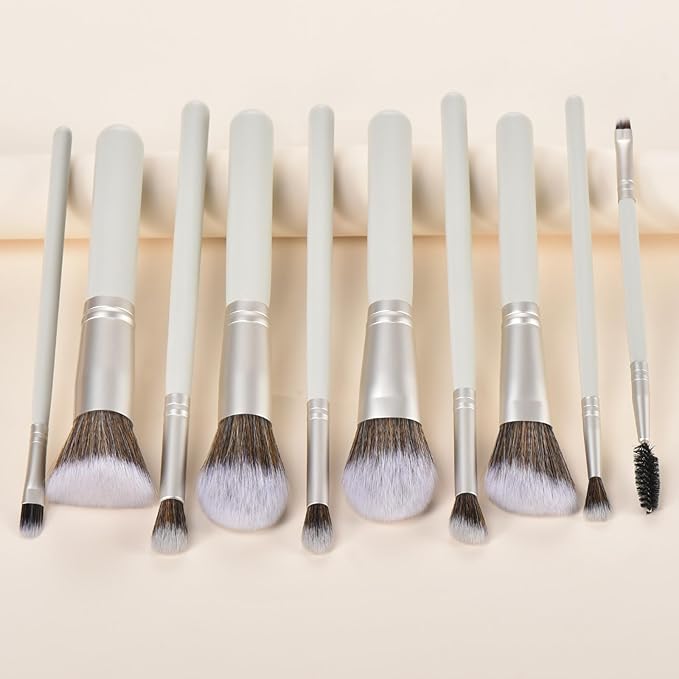 YJ-Anyue Gift Ready 10 Piece grayish green Makeup Brushs Set and 2 Piece Makeup Sponge – Wooden Handle with Soft Synthetic Bristles, Concealer, Powder – (Ideal for Christmas, Birthday, Women)