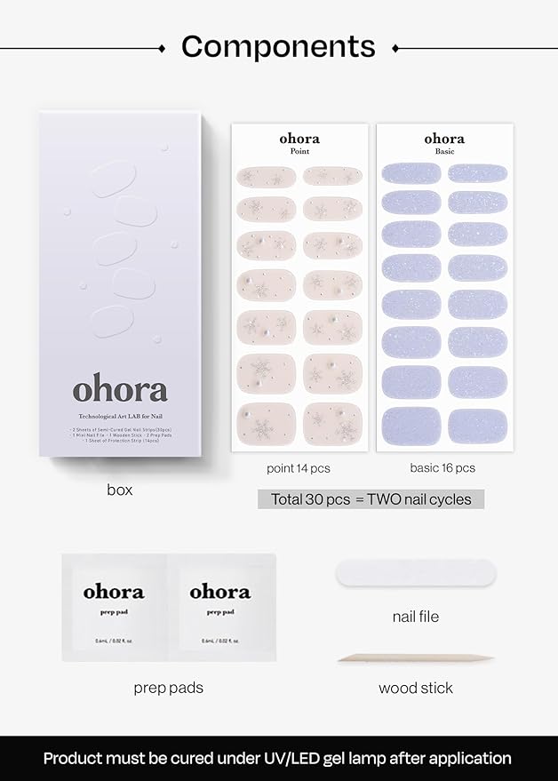 ohora Semi Cured Nail Strips (N Frozen Mirror) - Works with Any UV/LED Lamps, Salon-Quality, Long Lasting, Easy to Apply & Remove - Includes 2 Prep Pads, Nail File & Wooden Stick