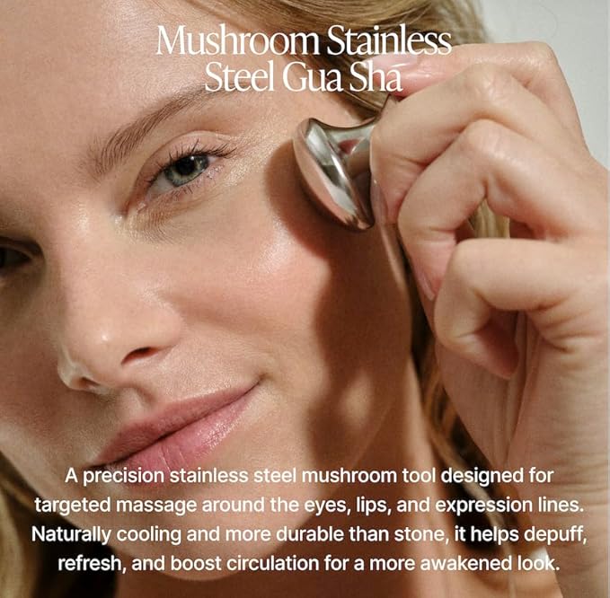 Blumenes - Mushroom Gua Sha Tool - Stainless Steel Massage Tool for Face & Body - Cold & Heat Retention for Relaxing Spa Experience - Durable Stainless Gua Sha for Enhanced Skincare Routine