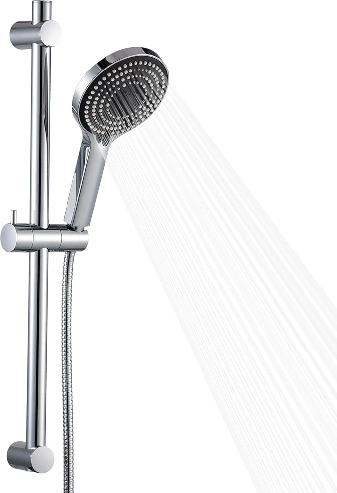 OFFO Shower Slide Bar Combo, Adjustable 23 in Slide Bar with 6-Mode High Pressure Handheld Shower Head and 60 in Stainless Steel Hose, Screw Wall Mounted, Chrome