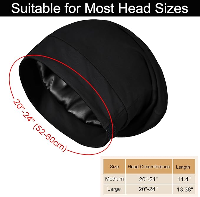 Satin Bonnet for Sleeping Night Cap, Adjustable Satin Lined Silk Bonnets Sleep Cap for Curly Hair Braids Beanie Black Women