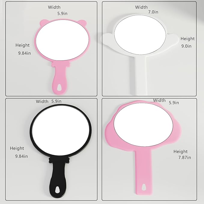 2 Pcs Hand Held Mirror with Handle for Makeup,Small Cute Hand Mirror for Shaving with Hole Hanging Single-Sided Portable Travel Vanity Mirror Gift for Mens & Women (Black, 5.91" Lx 7.87" W)