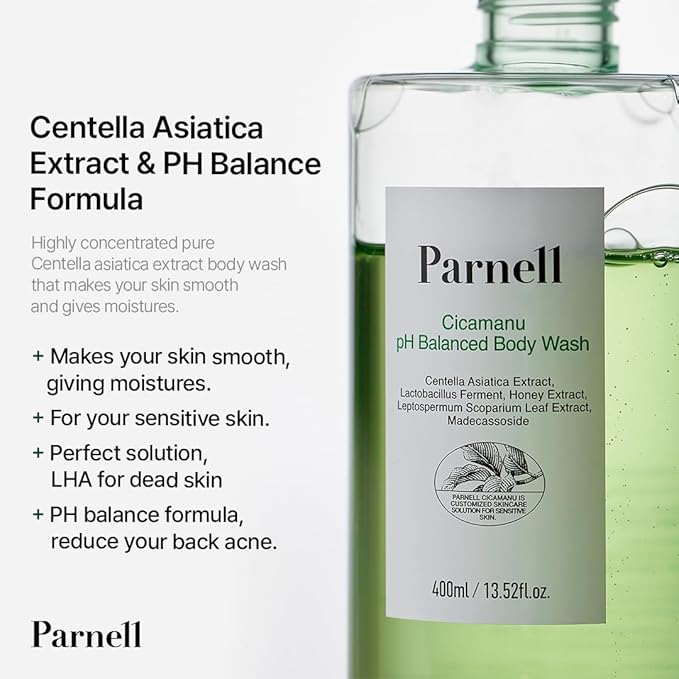 Parnell Cicamanu pH Balanced Body Wash 13.5 Fl Oz | Salicylic Acid LHA Cica HA Ceramide | Mild Soothing Cleanser for Back Acne Bacne & Sensitive Troubled Skin