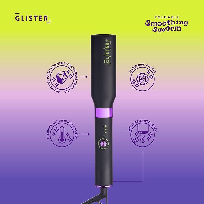 Glister Folding Hair Straightener Brush, Hair Brush for Hair Straightening, Volumizer, Fringe Curler, Hair Styling Comb with Adjustable Temperature - Black Berry Splash (Black)