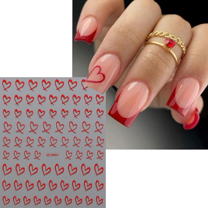 8Pcs Heart Nail Art Stickers 3D Self-Adhesive Sparkling Love Nail Art Decals Gold Silver Red White Black Romantic Heart Designs Nail Sticker for Valentine DIY Manicure Decoration Accessories