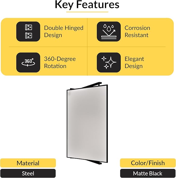 BRIXWELL Pivot-N-Vue Double Hinged Rectangular Mirror, Tubular Steel with Silver Brazed Joints, Matte Black Finish, 14" Width x 22" Height, 10" Extendable Arms, Adjustable Wall Mount Mirror