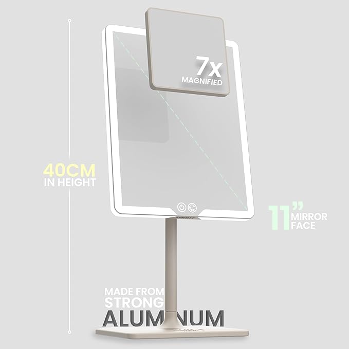 LUNA London Orbit LED Vanity Mirror with Lights, 7X/1X Magnification, Dimmable & USB-C Rechargeable Tabletop Mirror - Soft Stone