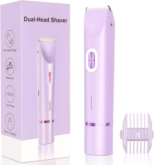 New 2-in-1 Electric Bikini Trimmer for Women - Dual Head Electric Razor,Waterproof Painless Bikini Shaver, Pubic Hair Trimmer for Private Area & Body Hair, Purple