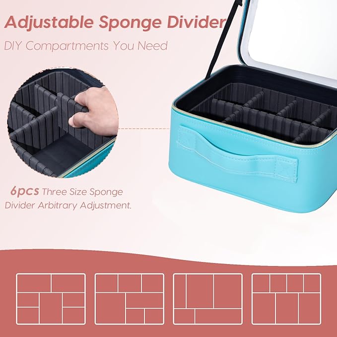 Gdsshuhung Makeup Bag with Mirror | Partitionable Professional Makeup Organizer | Large Travel Makeup Bag for Women | Cosmetic Case for Daily & On-the-Go Use (Lake Blue)
