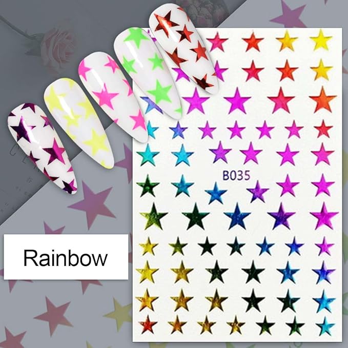 Star Nail Stickers 8 Sheets - Includes Holographic & Aurora Colors, Assorted Shades (Red, Black, Gold, Silver), Self-Adhesive Nail Decals for Women DIY Manicure