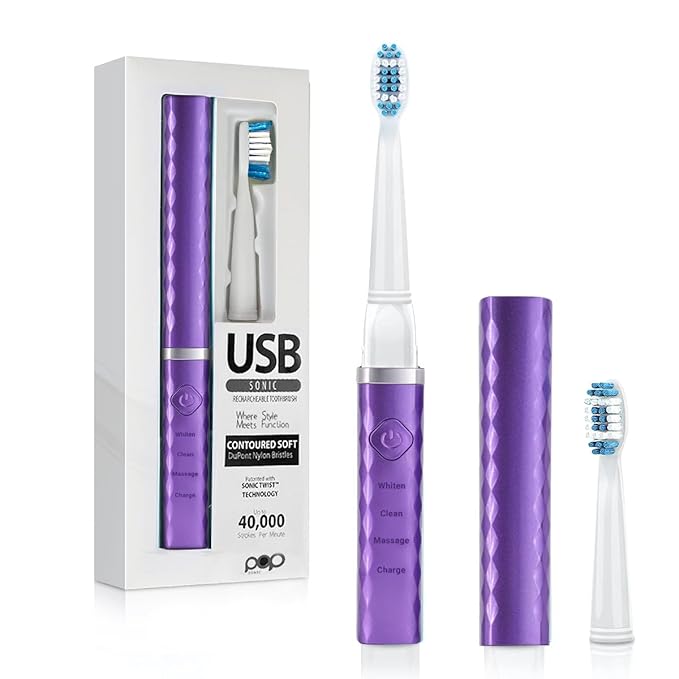 Pop Sonic USB Charge Anywhere Toothbrush (Purple) | Rechargeable w/Up to 40,000 Brush Strokes/Minute-Long-Lasting Dupont Nylon Bristles - for Teens & Adults with Quadrant Pacer & Timer