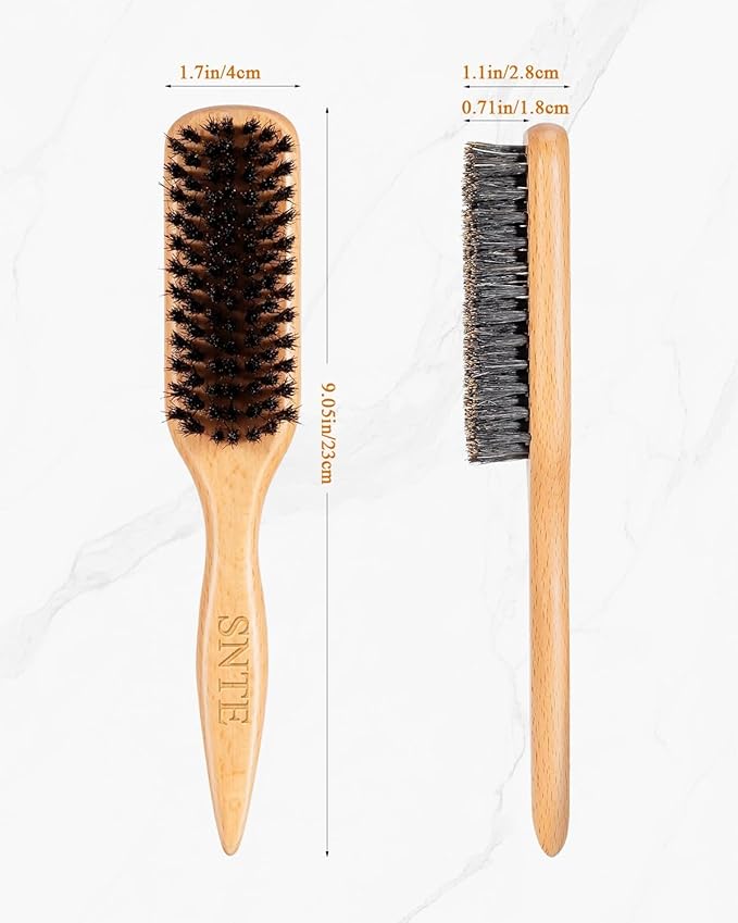 Boar Bristle Slick Back Hair Brush, Rat Tail Comb Set - Soft Bristle Smoothing HairBrush for Women & Men with Fine/Medium Hair - Wooden Teasing Brush - Tames Frizz, Sleek Flyaways, Style Edges
