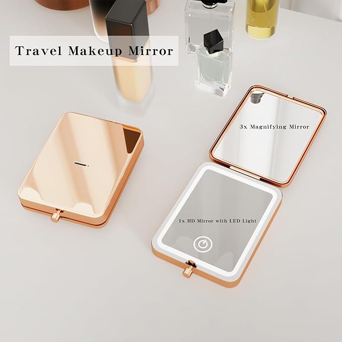 Compact Travel Mirror with Lights, 3X Magnification LED Cute Makeup Vanity Mirror with Light for Purse, Metal 2-Sided, Portable, Folding, Handheld, Small Pocket Lighted Mirror for Gift（Tulip）